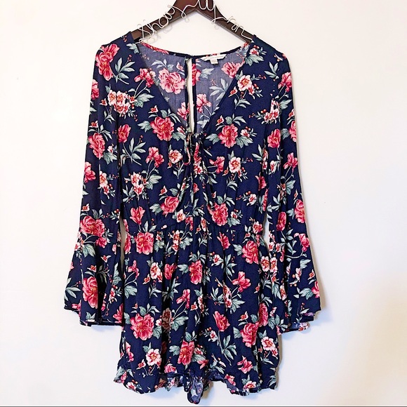 American Eagle Outfitters Pants - American Eagle Navy & Floral Long Sleeve Romper